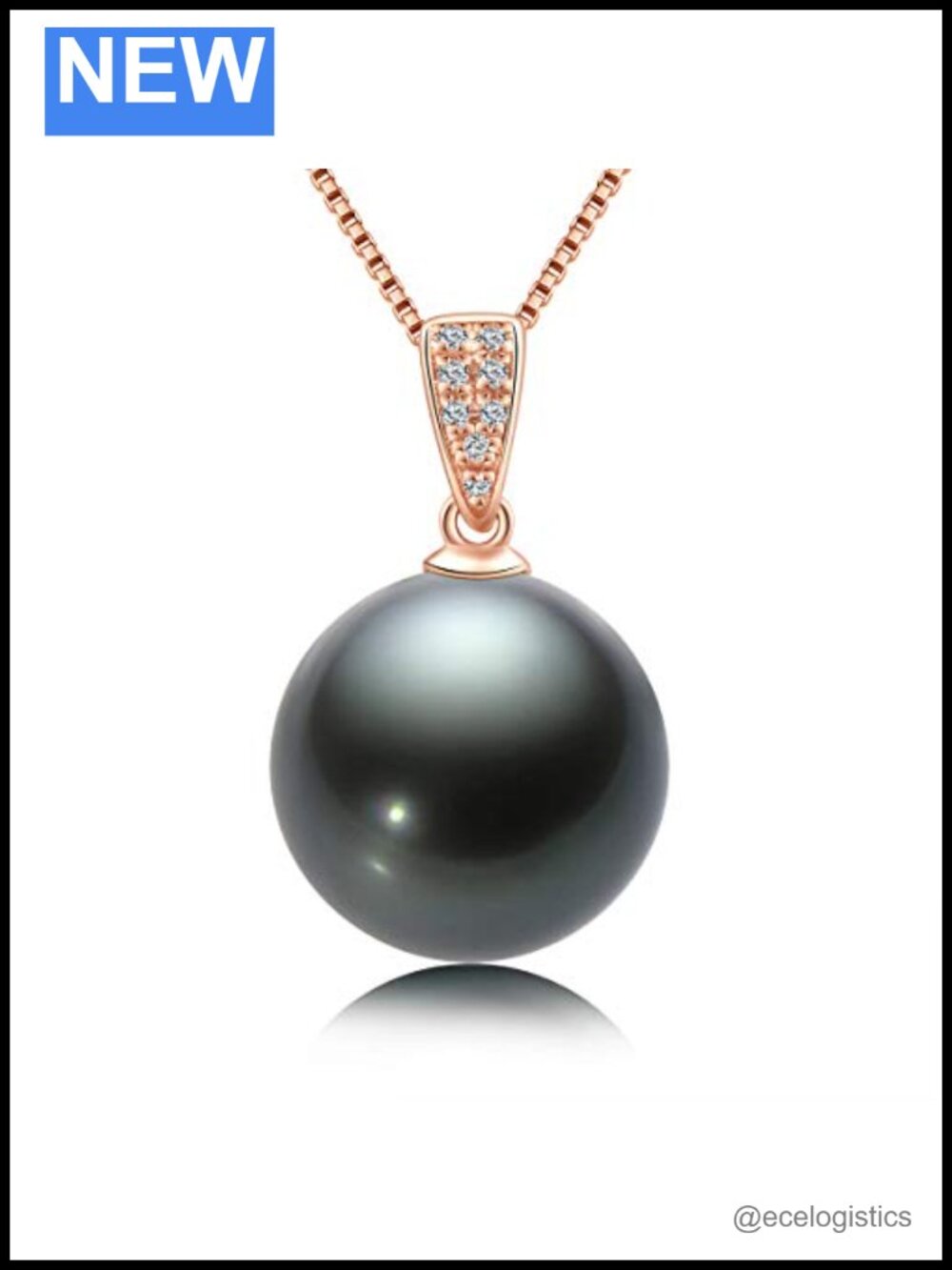 18K Gold Black Pearl Pendant Necklace with 8 Diamonds 10-11mm 18"